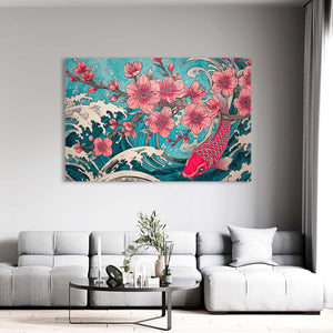 Teal Koi Fish Cherry Blossom Wall Art