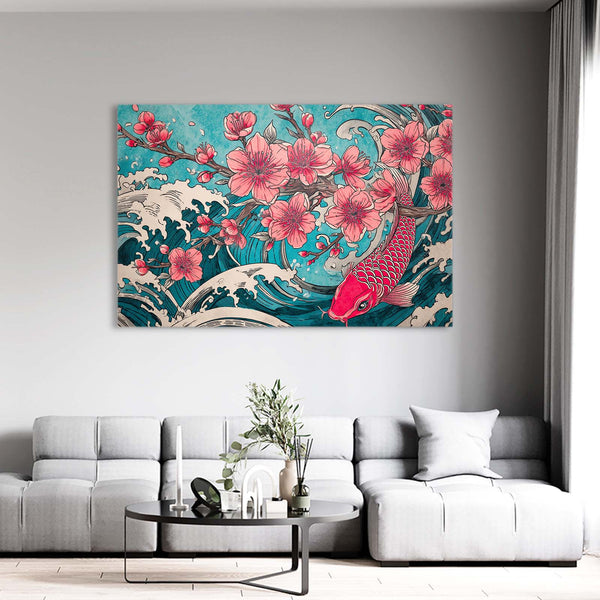 Teal Koi Fish Cherry Blossom Wall Art