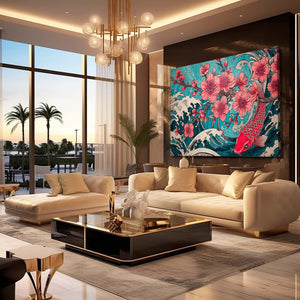 Teal Koi Fish Cherry Blossom Wall Art