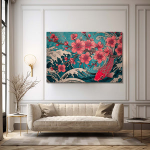 Teal Koi Fish Cherry Blossom Wall Art