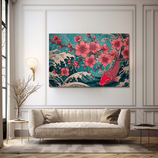 Teal Koi Fish Cherry Blossom Wall Art
