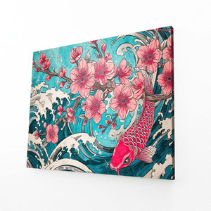 Teal Koi Fish Cherry Blossom Wall Art
