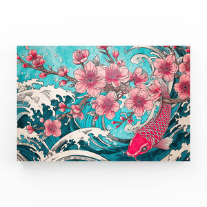 Teal Koi Fish Cherry Blossom Wall Art