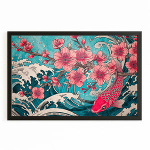 Teal Koi Fish Cherry Blossom Wall Art