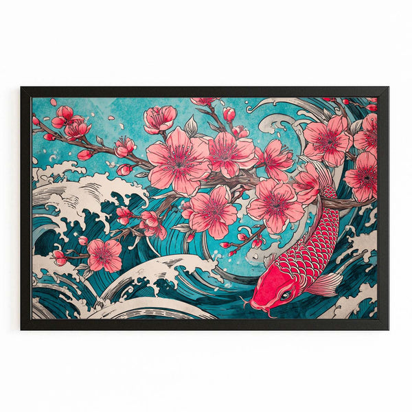 Teal Koi Fish Cherry Blossom Wall Art