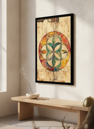 Flower of Life canvas in a black frame in a sunlit meditation corner | MusaArtGallery