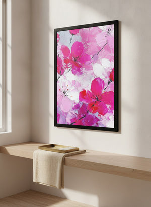 Vivid pink cherry blossom canvas in a black frame in a bright dressing corner | MusaArtGallery