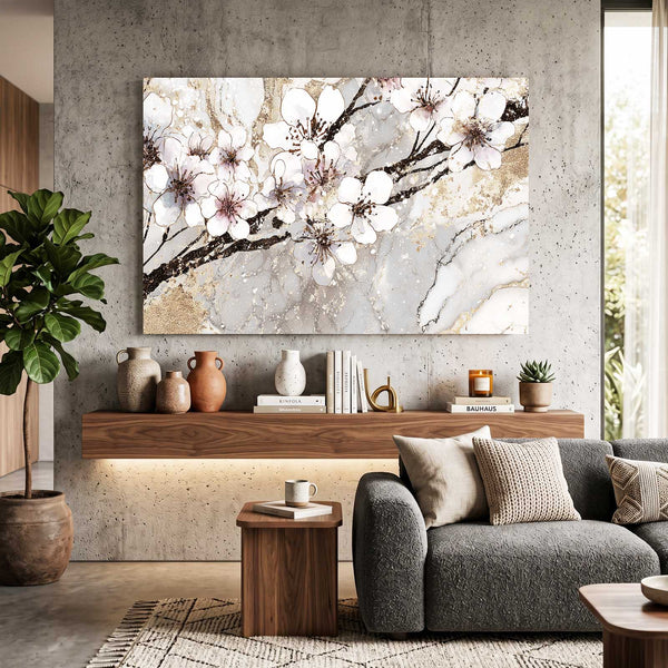 White Cherry Blossom Branch Art