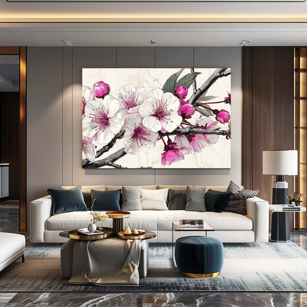 White Pink Cherry Blossom Flower Art