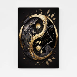 Yin yang symbol with gold and black design on a white background