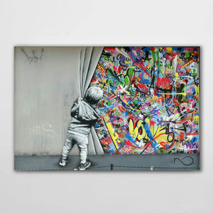 Banksy Boy Behind The Curtain - Street Art on Canvas | MusaArtGallery™ 