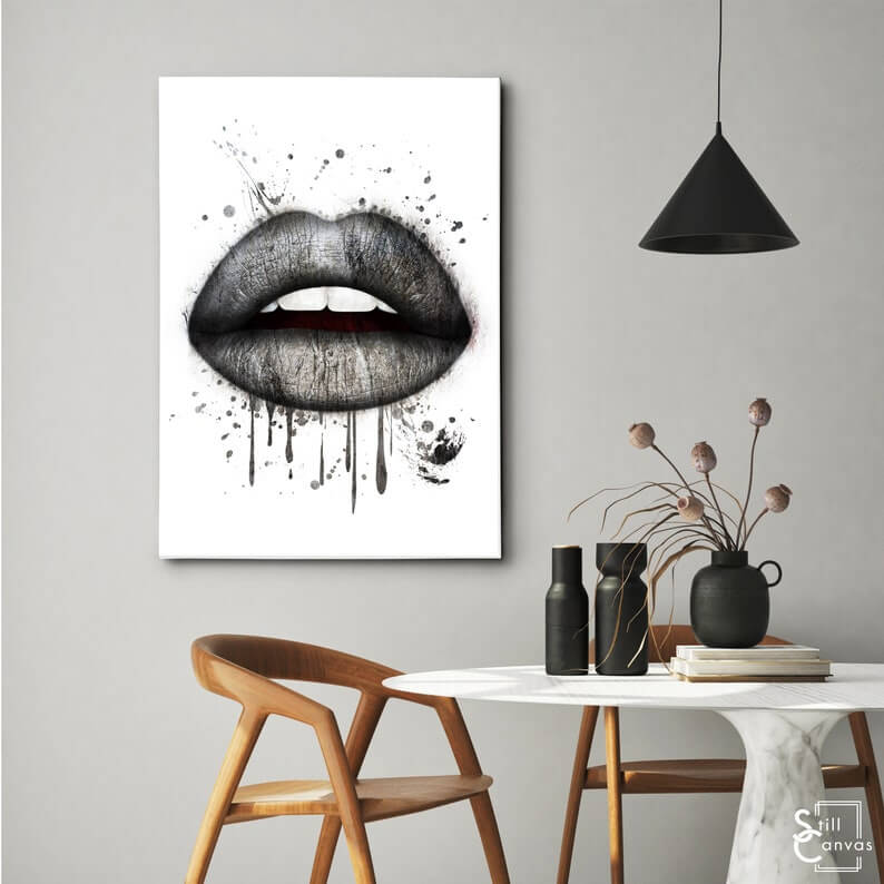 Grey Scale Drip Lips Makeup Lipstick Retro Paint Wall Art Sticker